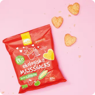Ekologiska och glutenfria majssnacks äpple jordgubb